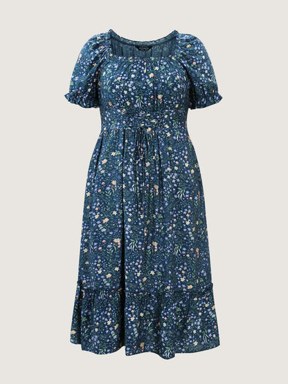 Floral Print Puffy Sleeve Cinched-Waist Midi Dress