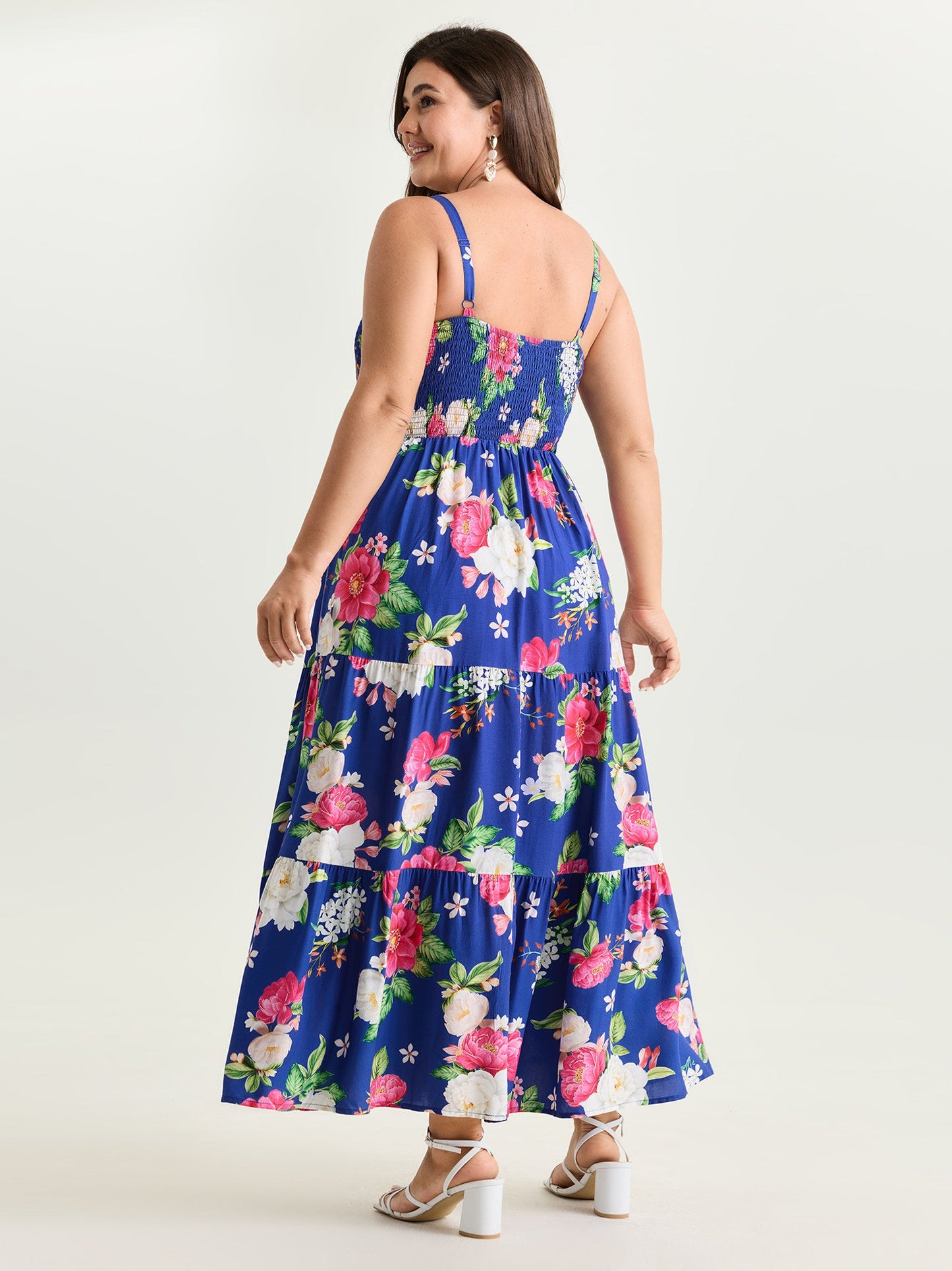 Floral Print Shirred Bodice Breezy Midi Dress