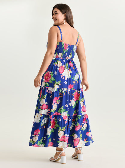 Floral Print Shirred Bodice Breezy Midi Dress