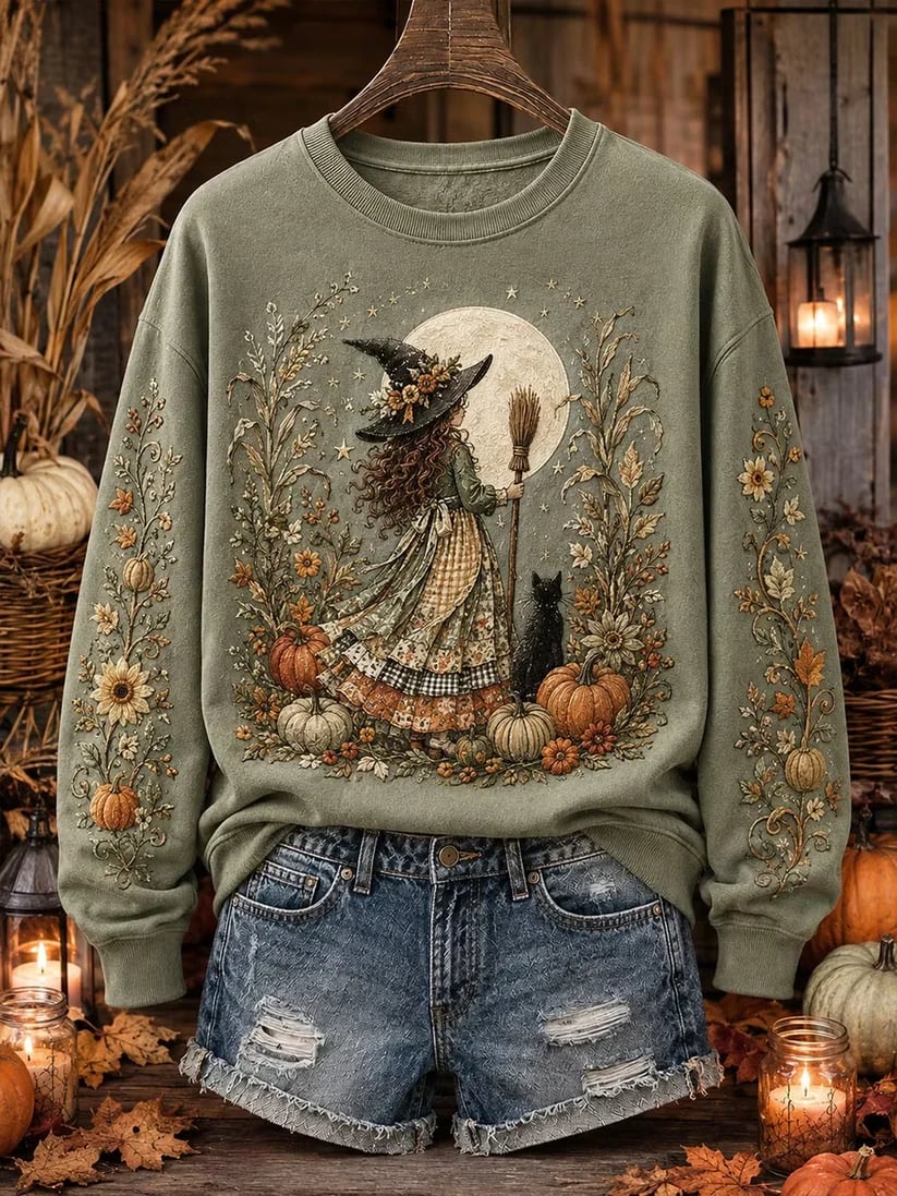 Women's Halloween Witch Pumpkin Pattern Comfortable Crew Neck Sweatshirt