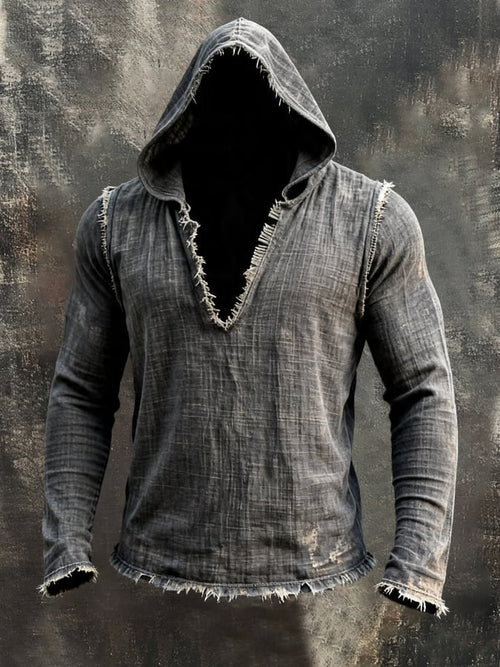 Men'S Vintage Cotton-Linen Long-Sleeve Hoodie With Frayed Edges