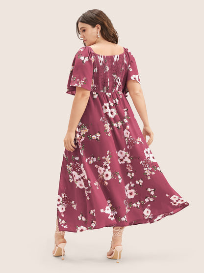Floral Square Neck Ruffles Pocket Shirred Split Dress