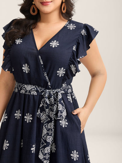 Rayon Stretchy Waist Pockets Flutter Maxi Dress
