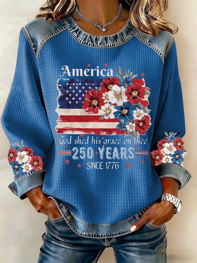 Women's 250th Anniversary National Flag Floral Print Waffle Sweatshirt