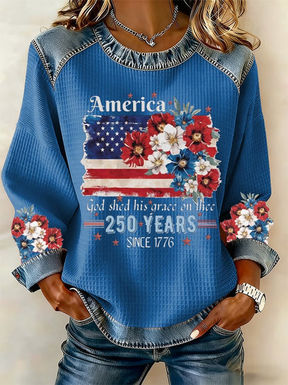 Women's 250th Anniversary National Flag Floral Print Waffle Sweatshirt