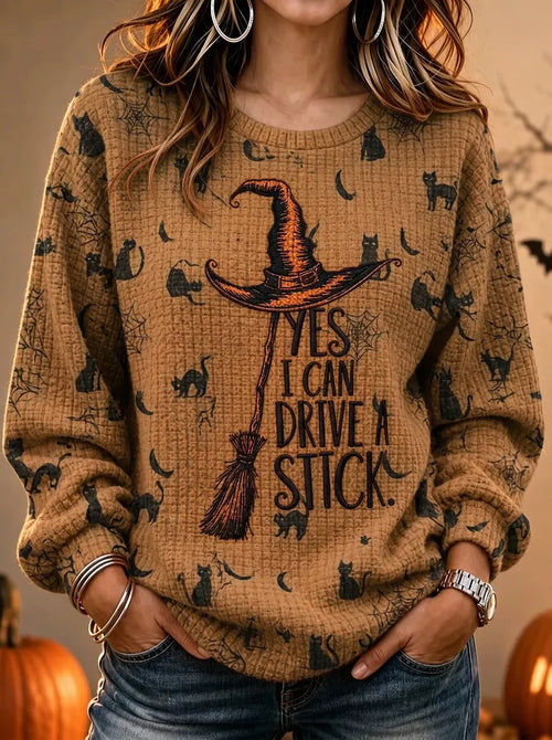 Women's Halloween Witch Broomstick Printed Waffle Knit Sweatshirt