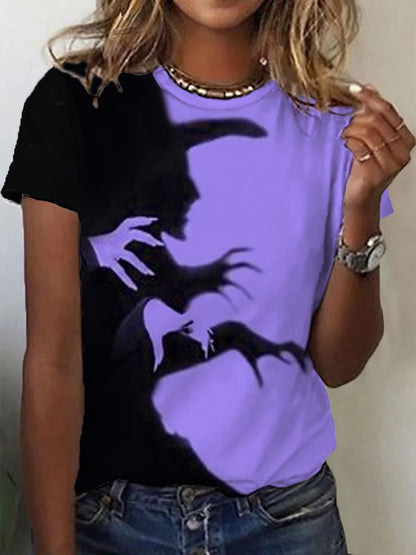 Women's Halloween Witch Shadow Print Casual Tee