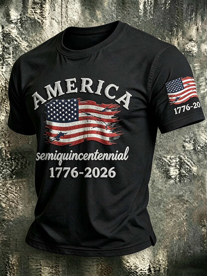 Men'S Casual American 250Th Anniversary Embroidered Print Round Neck T-Shirt