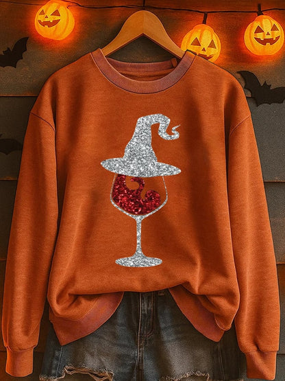 Women's Halloween Red Wine Glass Printed Sweatshirt