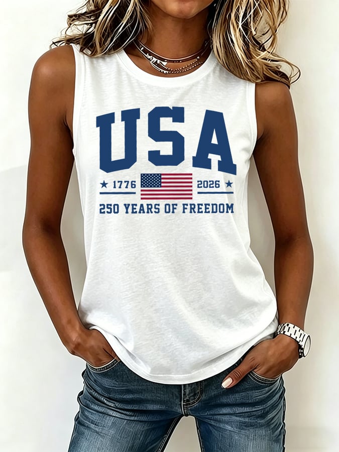 Women's Retro Flag Print Crew Neck Tank Top