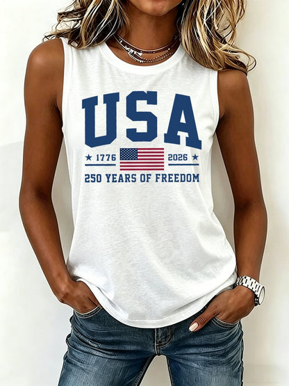 Women's Retro Flag Print Crew Neck Tank Top