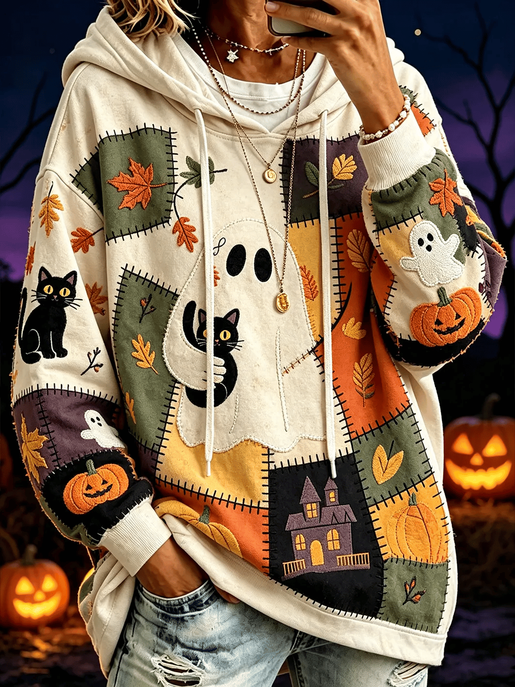 Women's Ghost Cat Print Hoodie