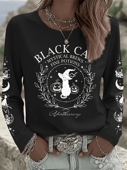 🔥HOT SALE🔥Women's Black Cat Mystical Brews Fine Potions Apothecary Print Long Sleeve T-Shirt