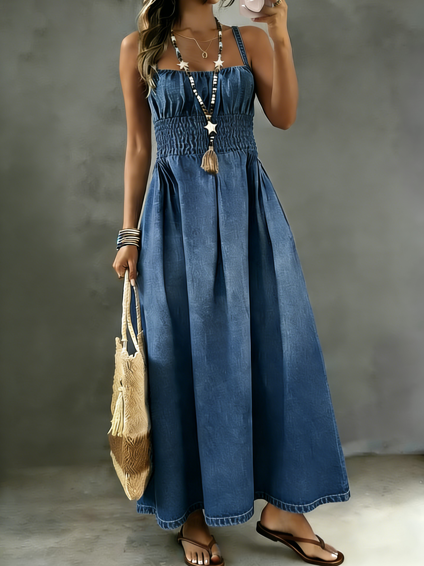Women‘s Sleeveless Tightness Pleated Denim Maxi Dress