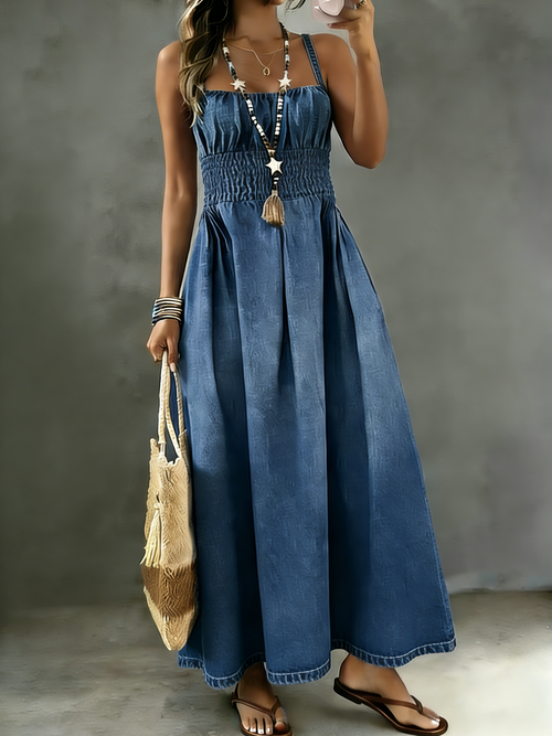 Women‘s Sleeveless Tightness Pleated Denim Maxi Dress