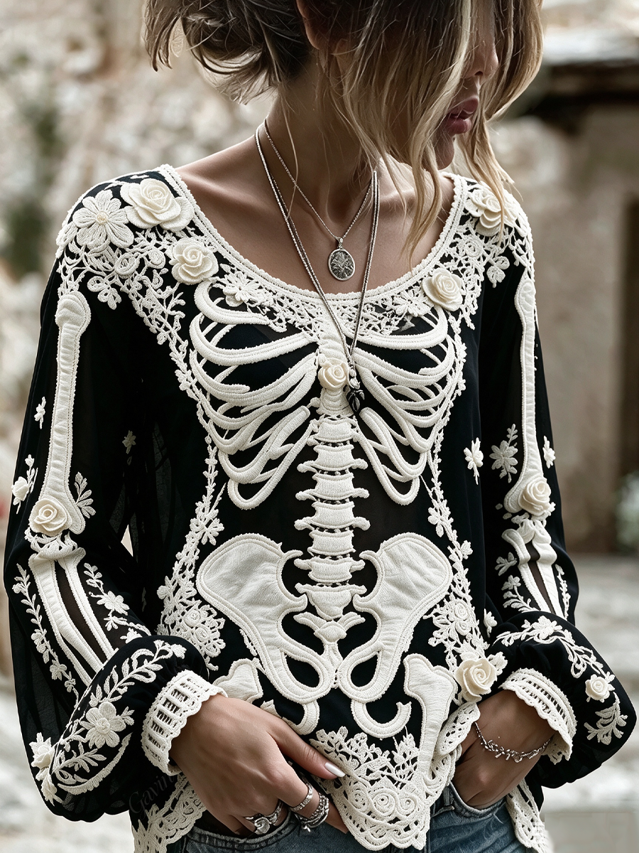 Women'S Retro Halloween Bloody Skull Floral Pattern Casual Long-Sleeve