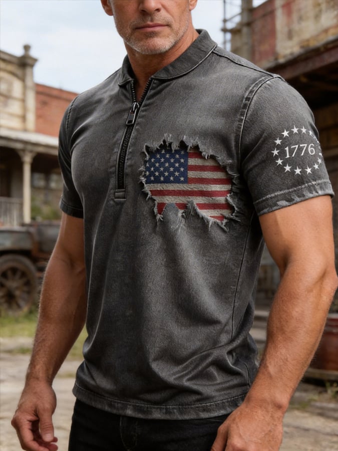 Men's Vintage 100% Cotton Washed & Distressed American Flag Zip-Up T-Shirt