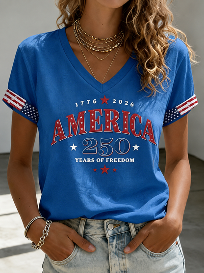 🔥Buy 3 Get 10% Off🔥Women's Casual American 250 Celebration Printed V-Neck T-Shirt