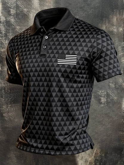 Men's Retro Patriotic Color-Block Short-Sleeve Polo Shirt