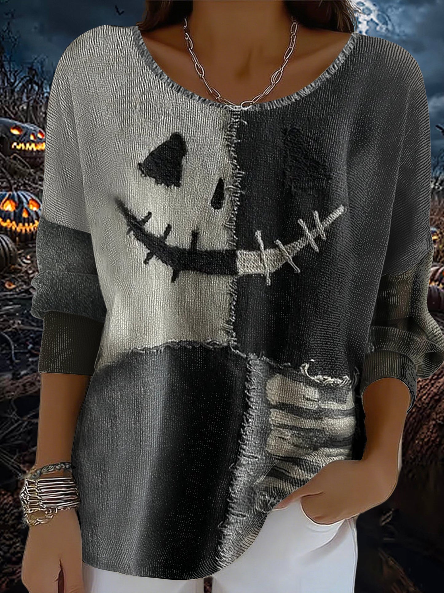 Women's Weird Ghost Face Contrasting Knitted Print Casual Top