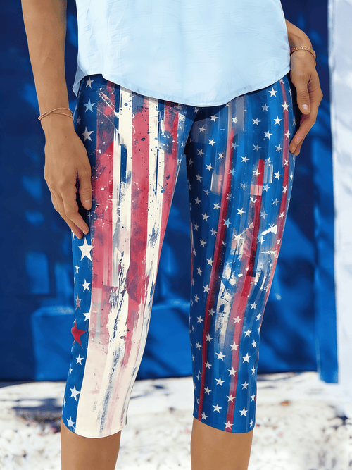 Women's American Patriotic Capri Leggings | Red White Blue Floral Flag Print Stretch Mid-Calf Pants