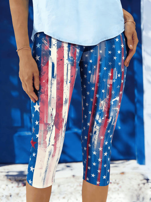 Women's American Patriotic Capri Leggings | Red White Blue Floral Flag Print Stretch Mid-Calf Pants