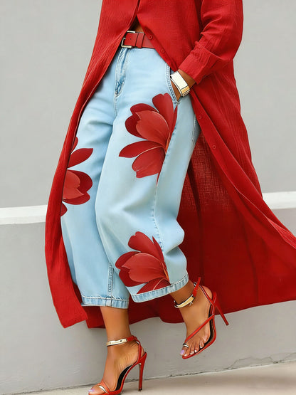 Women’s Stylish Flower Casual Wide Denim Pants