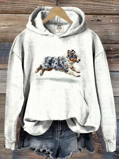 Funny Retro Cute Running Dog Art Casual Hoodie Sweatshirt