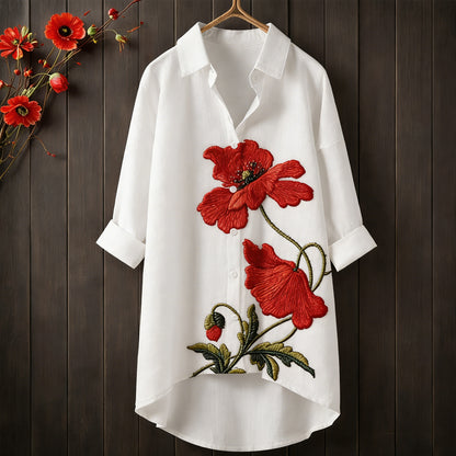 Women's Memorial Day Poppy Art Printed Casual Longline Shirt