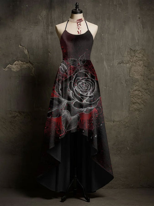Women's Abstract Gothic Red Rose Printed Sleeveless Dress