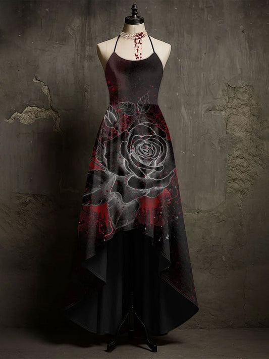 Women's Abstract Gothic Red Rose Printed Sleeveless Dress