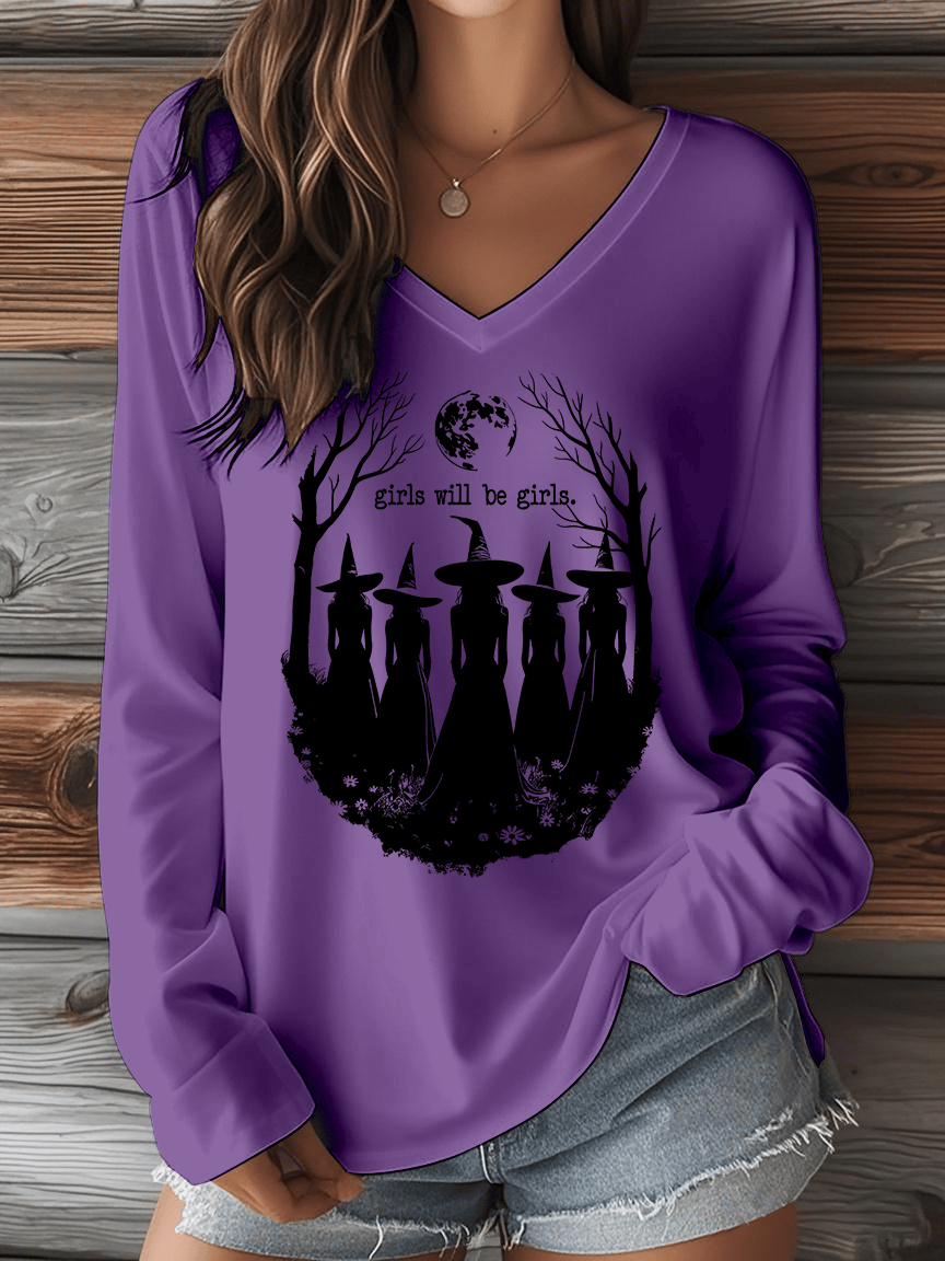 🔥HOT SALE🔥Women's Halloween Girls Will Be Girls. Print V-Neck Long Sleeve T-Shirt