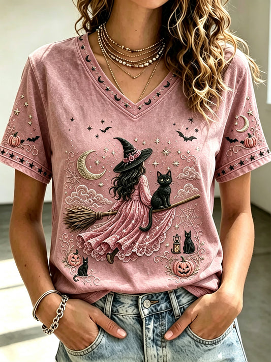 Women's Halloween Witch Cat Print Top