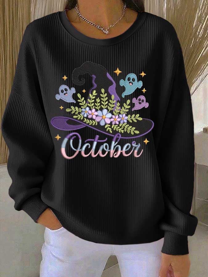Women's Halloween Witch Hat Printed Crew Neck Long Sleeve Top