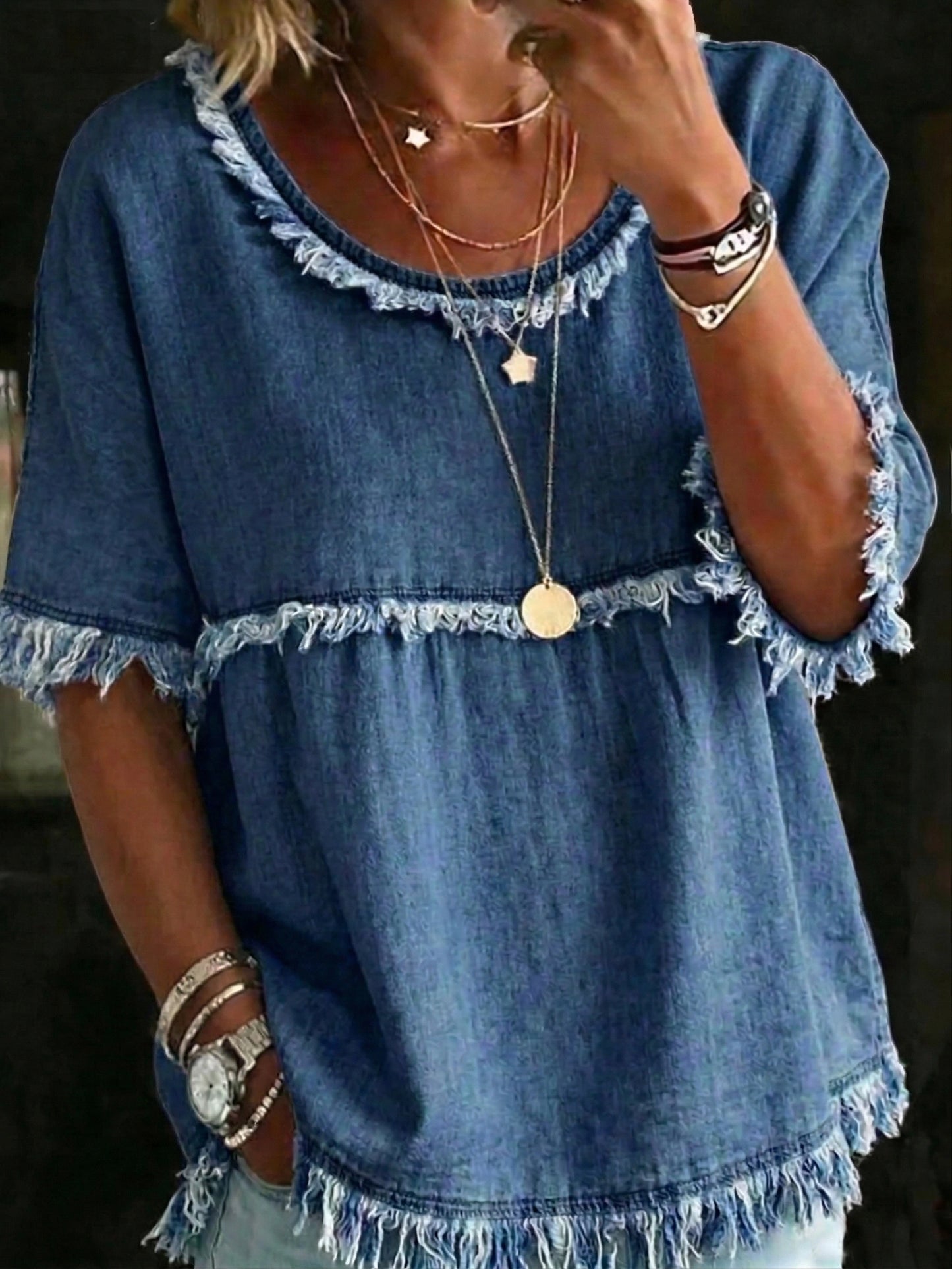 Women's Casual Crew Neck Short Sleeve Brushed Hem Denim Shirt