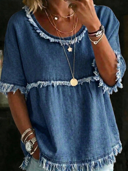 Women's Casual Crew Neck Short Sleeve Brushed Hem Denim Shirt