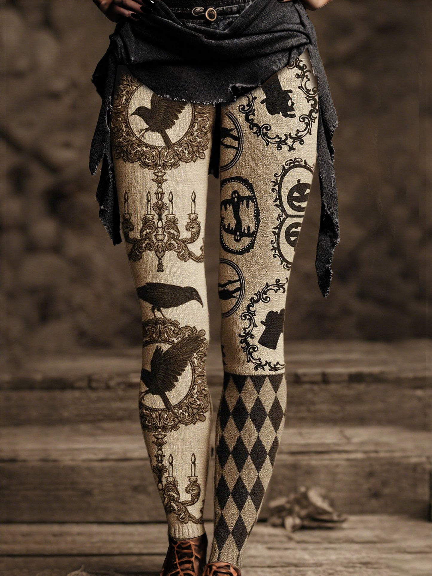 Women's Vintage Medieval Crow and Pumpkin Print Pants