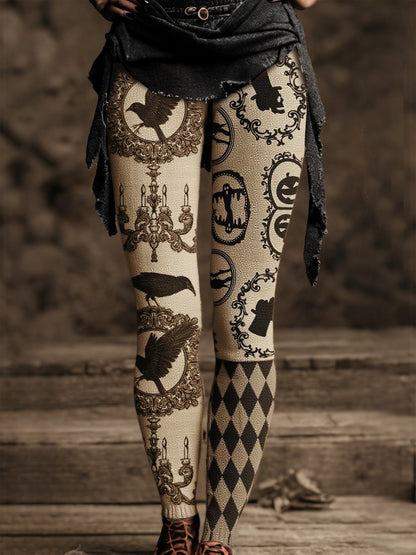Women's Vintage Medieval Crow and Pumpkin Print Pants