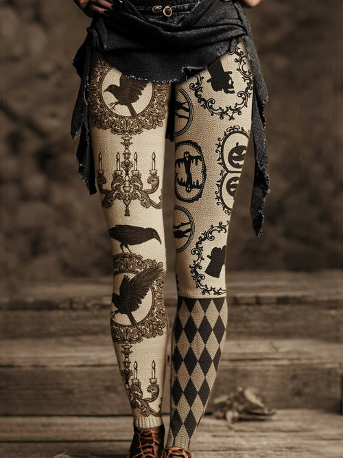 Women's Vintage Medieval Crow and Pumpkin Print Pants