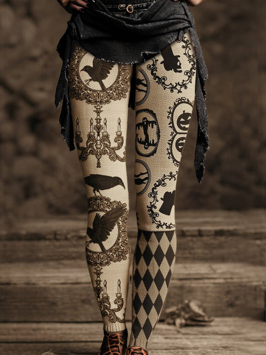 Women's Vintage Medieval Crow and Pumpkin Print Pants
