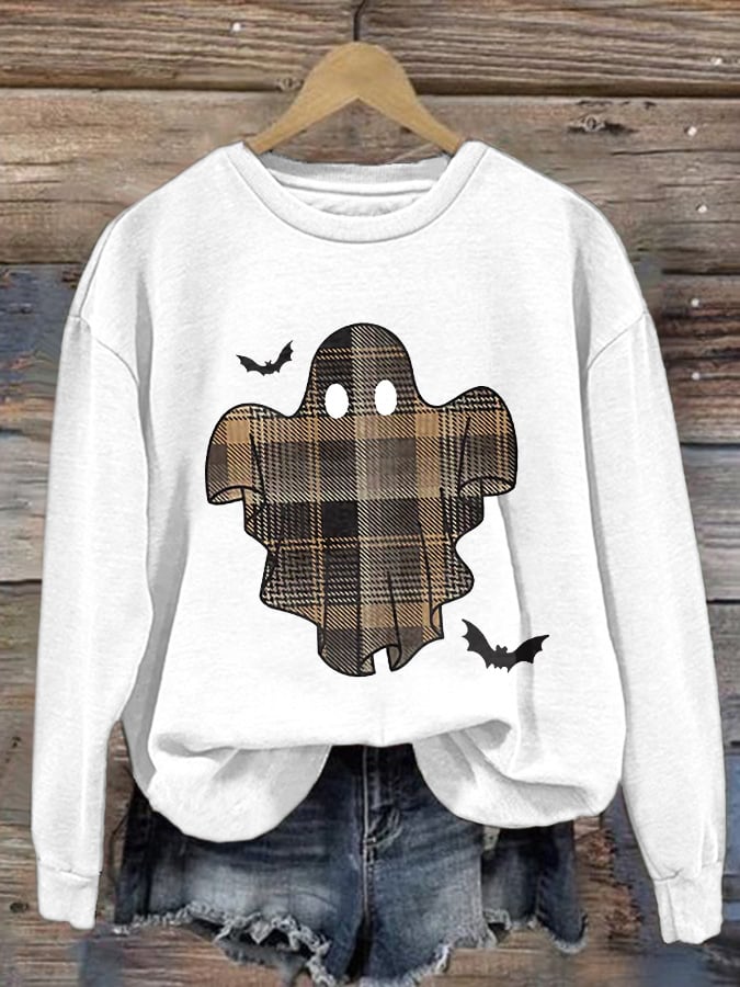 🔥Buy 2 Get 10% Off🔥Retro Halloween Ghost & Bats Flannel Plaid Print Sweatshirt