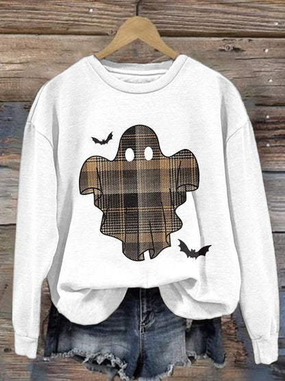 🔥Buy 2 Get 10% Off🔥Retro Halloween Ghost & Bats Flannel Plaid Print Sweatshirt