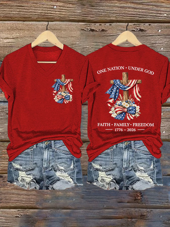 Women's USA 250 Years One Nation Under God Print V Neck T-shirt