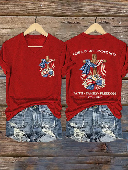 Women's USA 250 Years One Nation Under God Print V Neck T-shirt