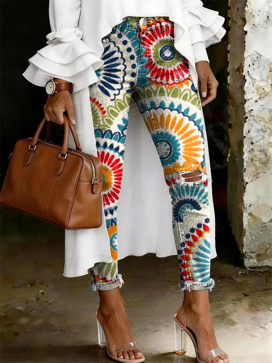Women's Fashion Casual Multicolor Art Print Ripped Skinny Jeans