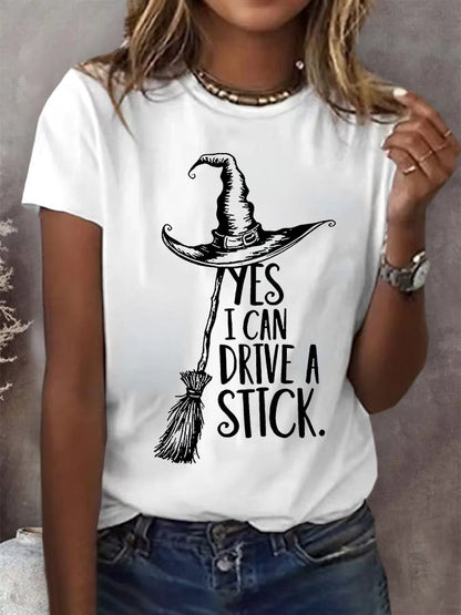 Women's Yes I Can Drive A Stick Printed Round Neck T-Shirt
