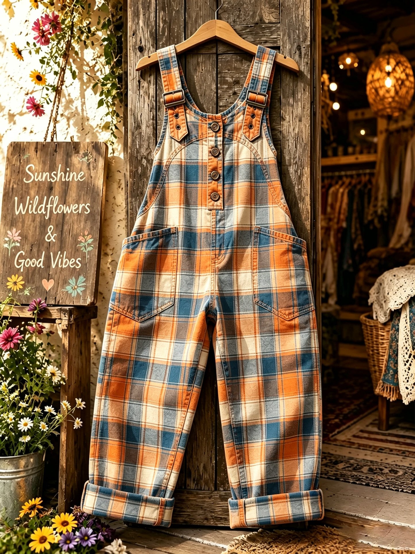 Women's Retro Style Art Print Washed Cotton Denim Patchwork Jumpsuit