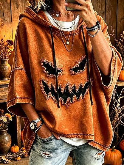 Women's Halloween Scary Pumpkin Face Art Print Hooded Sweatshirt