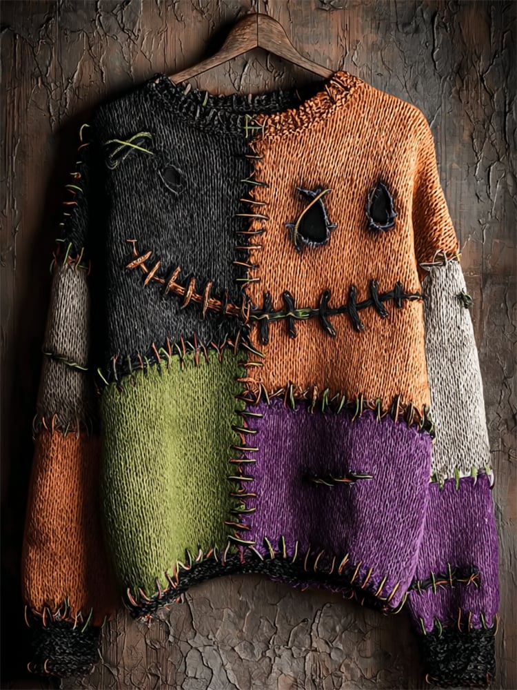 Women's Halloween Spooky Face Contrast Stitched Cozy Knit Sweater