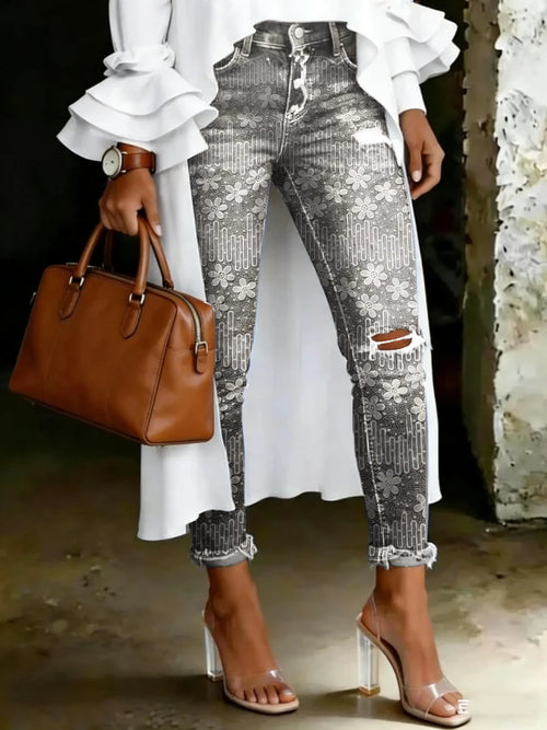 Women's Vintage Floral Print Casual High-waisted Ripped Skinny Jeans